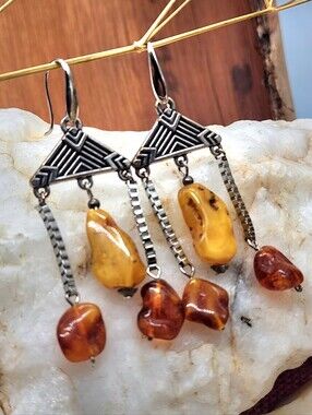 Genuine Baltic Amber Light Chandeliers Silver Earrings Amber Jewelry